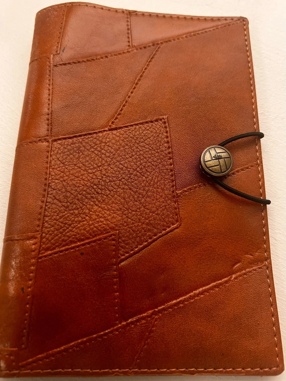 Men's Brown Patchwork Leather Passport Wallet with Button Closure